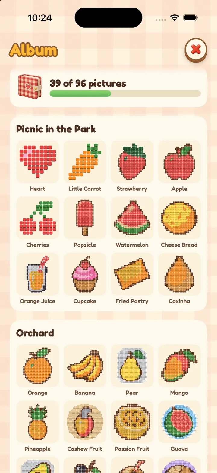 The album with 39 pictures collected so far: pixel-art hearts, carrots, cherries and Brazilian treats.
