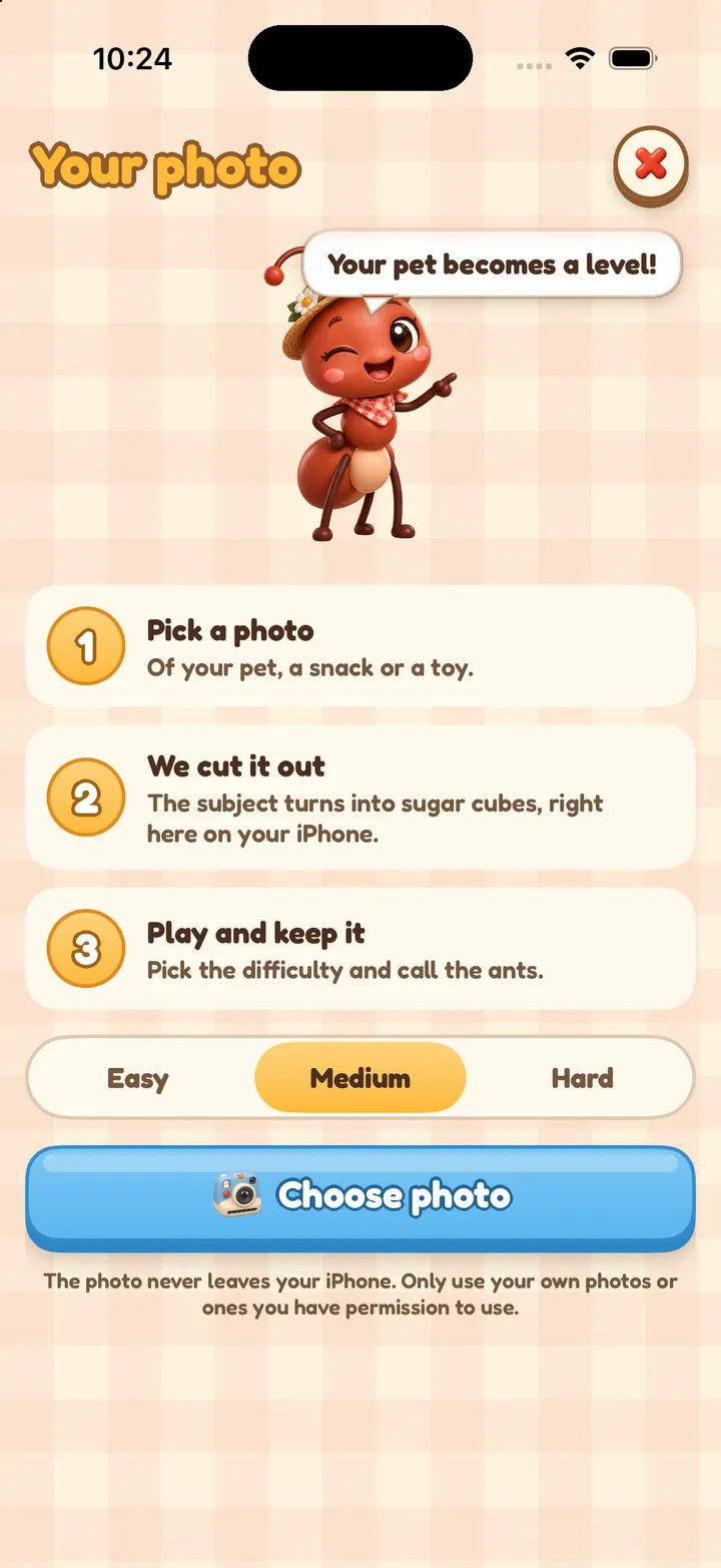 Your photo screen: Fifi says “Your pet becomes a level!” above three steps and a Choose photo button.