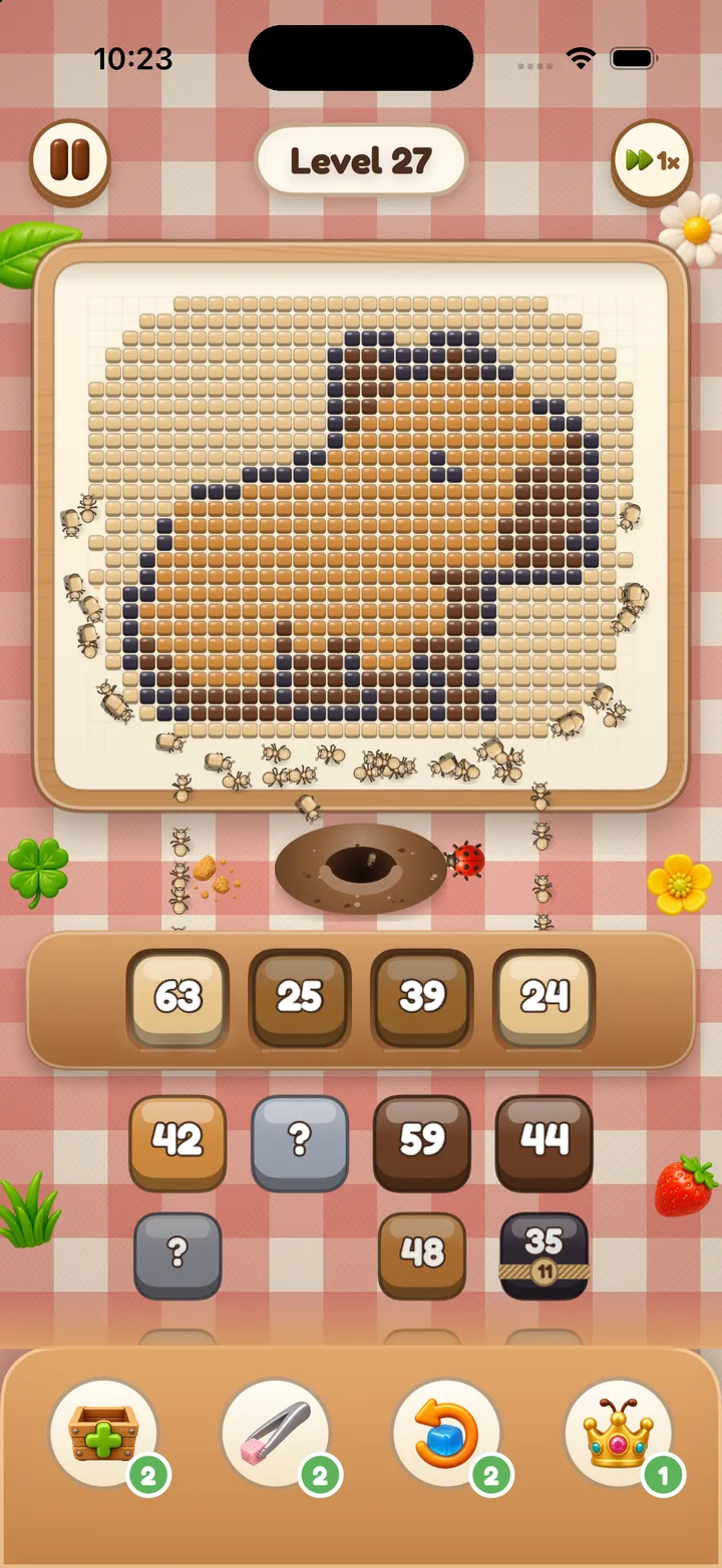 Munchy Ants on iPhone: level 27, a capybara made of brown sugar cubes on a picnic cloth. Ants nibble it from the edges while numbered boxes wait on the shelf and in the line below.