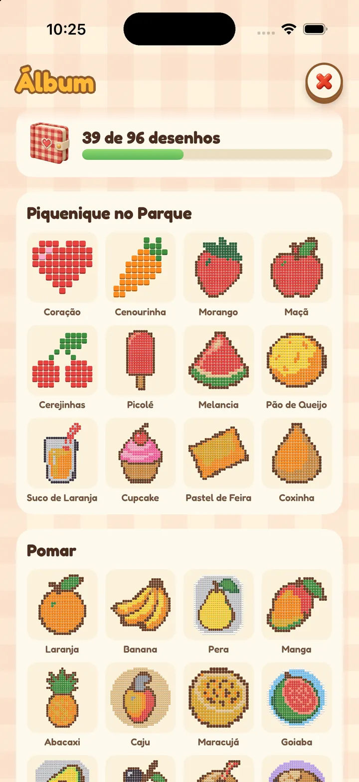 O álbum com 39 desenhos guardados até agora: coração, cenourinha, cerejas e quitutes brasileiros em pixel art.