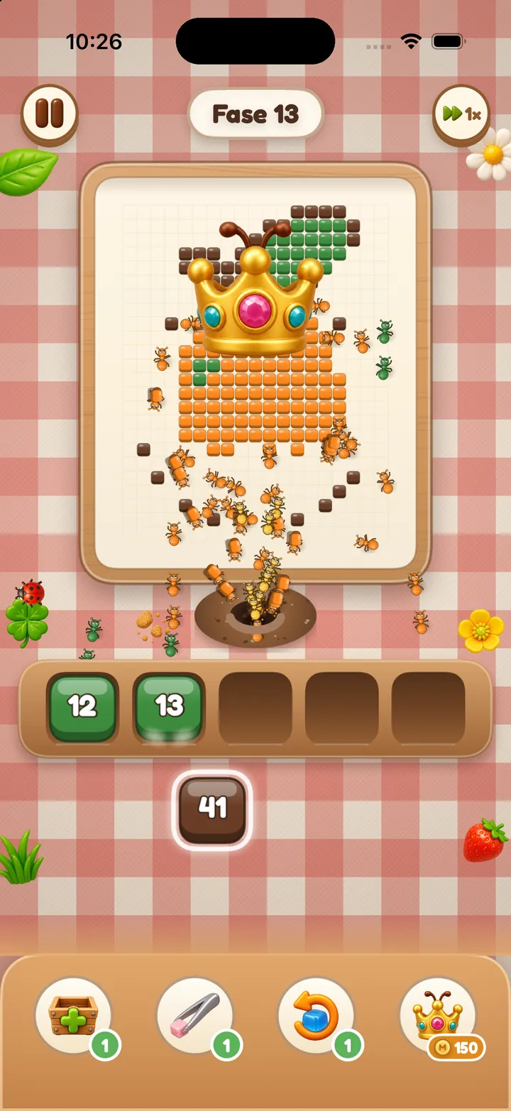 Fase 13: a coroa da Rainha brilha sobre um desenho de laranja enquanto o enxame come os cubinhos laranja.