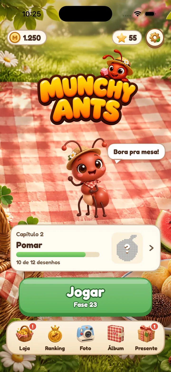 Tela inicial: o logo do Munchy Ants, a Fifi dizendo “Bora pra mesa!”, o capítulo 2, Pomar, e o botão Jogar.
