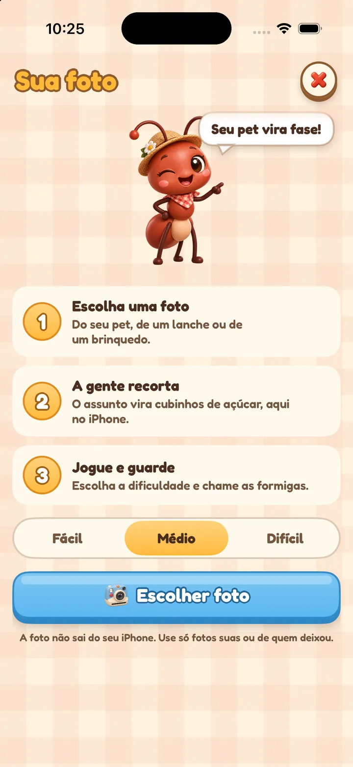 Tela Sua foto: a Fifi diz “Seu pet vira fase!” acima de três passos e do botão Escolher foto.