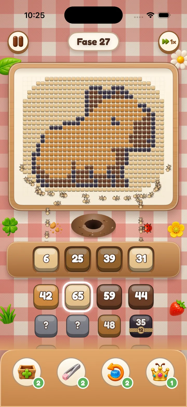 Munchy Ants no iPhone: fase 27, uma capivara de cubinhos de açúcar marrons sobre a toalha de piquenique. As formigas comem pelas bordas enquanto caixas numeradas esperam nas vagas e na fila.