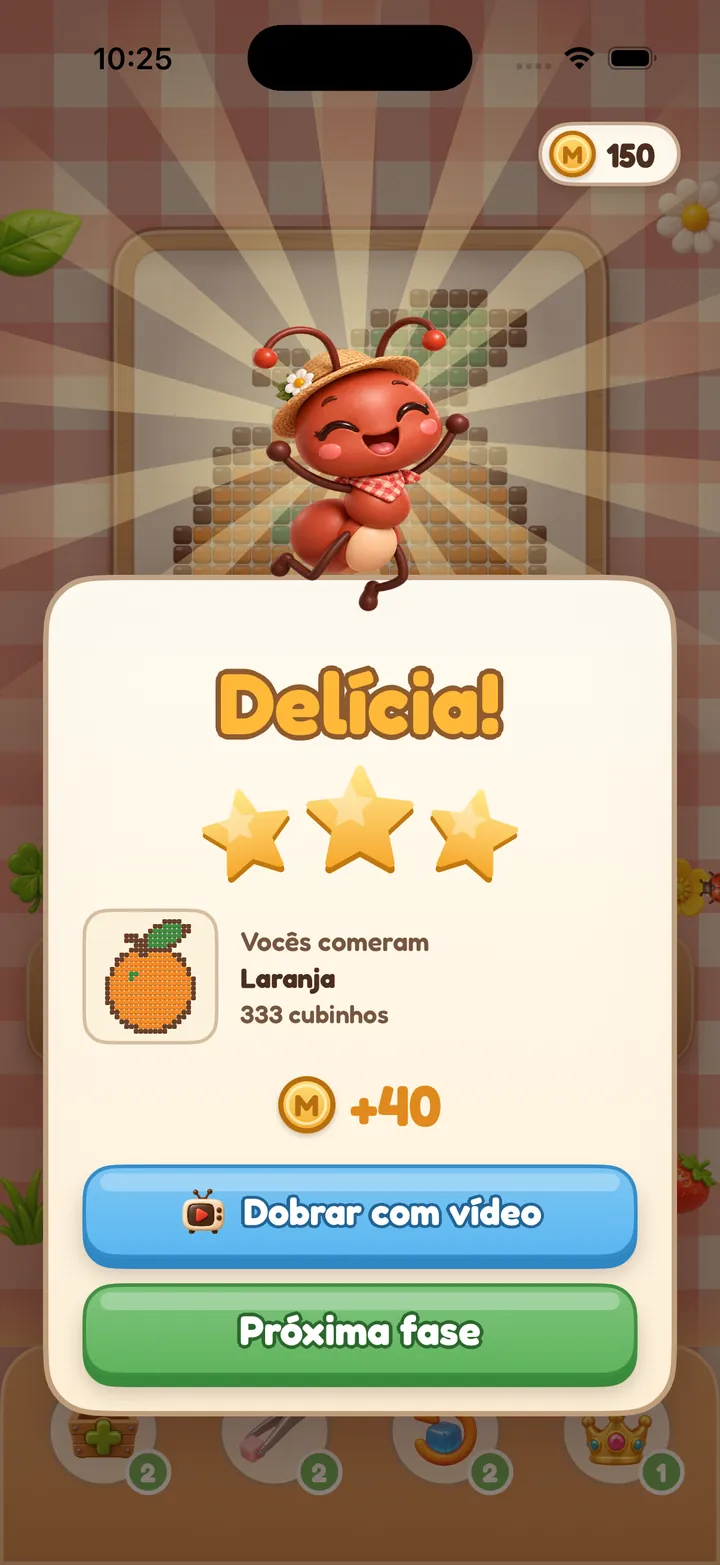 Painel de vitória: “Delícia!” com três estrelas, a laranja que vocês comeram e 40 moedas.